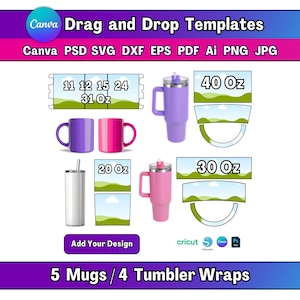 May include: An image showcasing templates for mugs and tumbler wraps. The image includes various mug and tumbler designs in purple, pink, and white, along with text indicating sizes such as 40 oz, 30 oz, and 20 oz. The text "Drag and Drop Templates" is also visible.