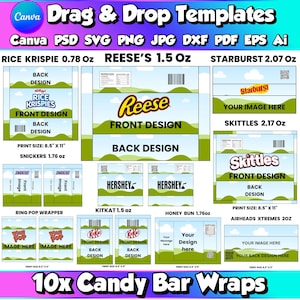 May include: A digital collection of 10 drag and drop candy bar wrapper templates in Canva, PSD, SVG, PNG, JPG, DXF, PDF, EPS, and Ai formats. The designs feature a light blue sky and green hills, including layouts for Rice Krispie 0.78 oz, Reese's 1.5 oz, and others.