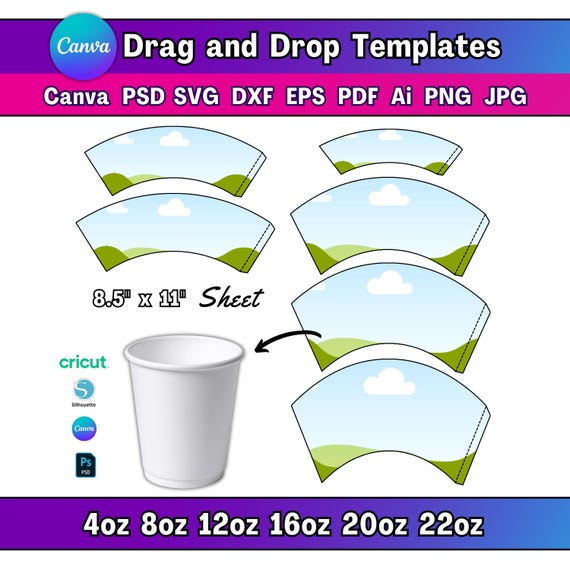 6 Size Paper Cup Wrap Template Editable Canva Coffee Cup Wrap Template SVG DIY Cup Sticker Custom Tea Cup Party Favor Sleeve