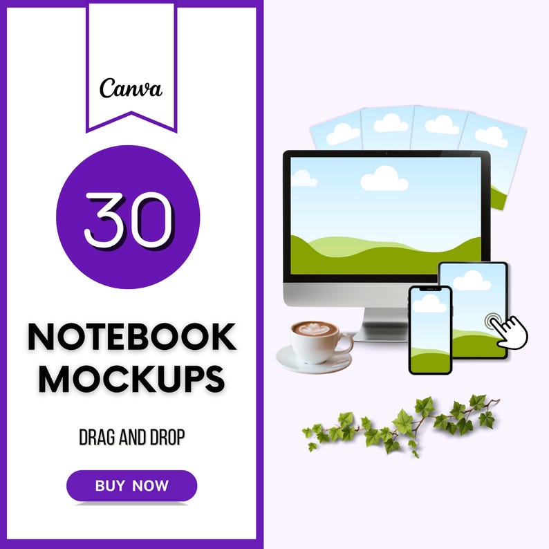 30 Canva notebook and journal mockups with drag and drop, fully editable book cover listing templates