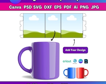 Modèle d'emballage de tasse de 5 tailles 11 oz 12 oz 15 oz 24 oz Modèle de emballage de tasse de 31 oz Modèle de tasse modifiable sur toile Modèle de tasse pour emballage de sublimation Mug SVG