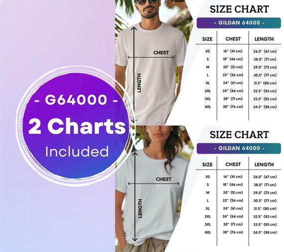 Gildan 64000 Size Chart: Unisex White T-shirt Mockup (2 Jpgs