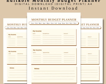 Monthly Planner, Monthly Calendar Budget Digital Planner, Landscape Monthly Budget Printable Editable PDF