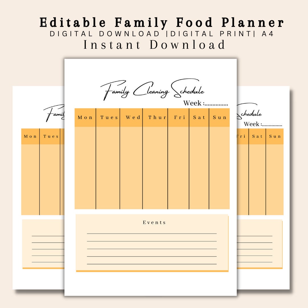 Family Schedule Printable, Weekly Family Schedule, Printable Food Planner, A4, A5 and Letter ...