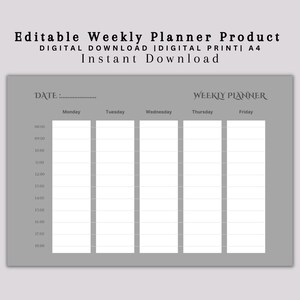 Blank Minimalistic Weekly Planner, Printable Landscape Schedule Calendar, Weekly Organizer, Office Planner, Resell Rights, Commercial use