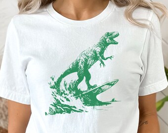 Dinosaur Surfing T Shirt - Surfing t shirts - Vintage surf shirts - Cool surf shirts - Cool surf graphic - Vintage retro tees - Surf Tees