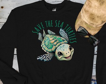 Cute Save the Sea Turtles Black Sweatshirt, Turtle Sweatshirt, Turtles Sweater , Sea Reptiles, Marine life and Ocean Theme Sweatshirt