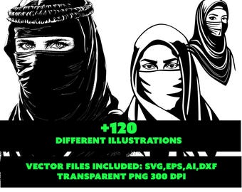 Hijab SVG PNG, shayla svg, niqab svg, khimar svg png, paquete de svg de mujer musulmana, ilustración de moda musulmana, clipart islámico, mujer islámica