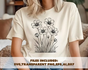 Wildflower svg, floral line art png, boho flower design, garden flowers svg, flower clipart png, floral svg