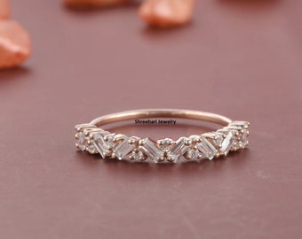 Unique Half Eternity Baguette Cut Moissanite Band Vintage Rose Gold Band Women Mathching Band Bridal Promise Gift For Her.