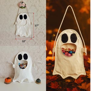 Może przedstawiać: Beżowa torba na słodycze na Halloween w kształcie ducha, o wysokości 43 cm i szerokości 30 cm, z czarnymi owalnymi oczami i otworem na usta. Torba jest wypełniona zapakowanymi cukierkami i ma beżowy uchwyt.