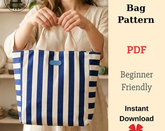 Draagtaspatroon, pdf-naaipatroon | Boodschappentas met plooien en ritssluiting | Dagelijkse portemonnee DIY | Sjabloon voor digitale downloadtas