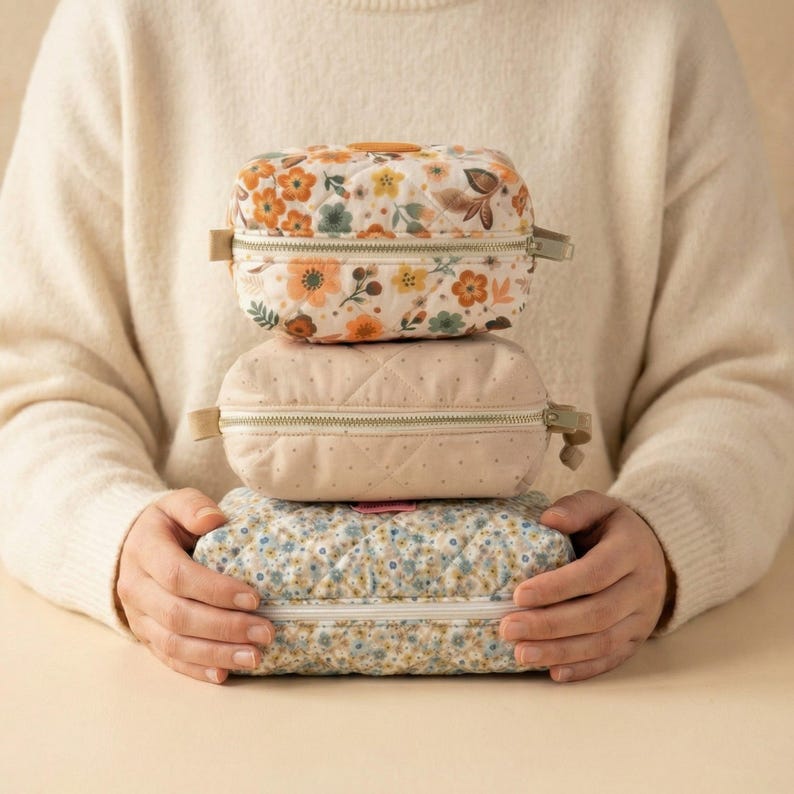May include: Three stacked, rectangular, quilted cosmetic bags. The top bag features a floral pattern with orange, yellow, and green flowers on a white background. The middle bag is light pink with a quilted design. The bottom bag has a blue floral pattern.