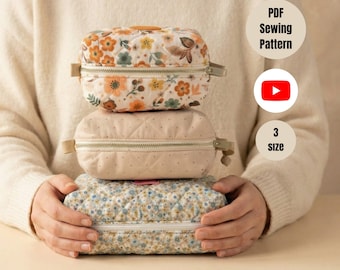 Boxy Pouch Sewing Pattern: Video Tutorial, 3 Sizes Makeup Bag, PDF Sewing Pattern for a boxy Zipper, Digital File