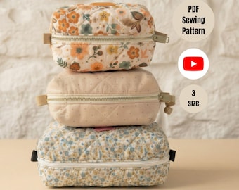 Patroon make-uptas: videotutorial, gewatteerde tas 3 maten cosmetisch zakje met ritssluiting Digitaal product