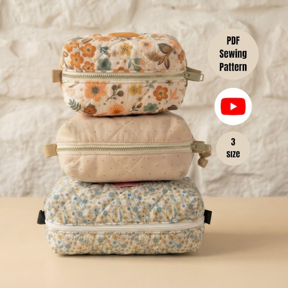 Makeup Bag Pattern : Video Tutorial, Quilted bag 3 Sizes Cosmetic Zipper Pouch  Digital Product