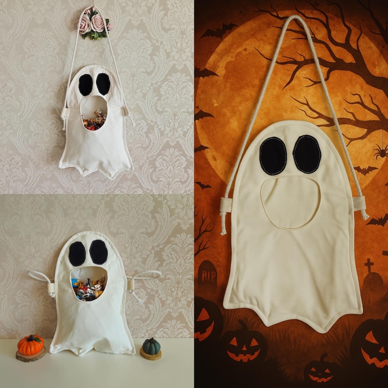 Puede incluir: Una bolsa de Halloween blanca con forma de fantasma con recortes negros para los ojos y una abertura circular para la boca. La bolsa tiene una correa larga y delgada y est&aacute; llena de objetos peque&ntilde;os. La bolsa se muestra contra una pared estampada y un fondo tem&aacute;tico de Halloween.