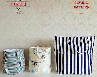 Modèle de sac à provisions en trois tailles, sac de marché, modèle de sac fourre-tout, sac à bandoulière, facile à coudre, produits numériques