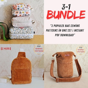 3 in 1 Bag Sewing Pattern Bundle | Boxy Pouch, Sling Bag & Bucket Bag | PDF Sewing Patterns | DIY Zipper Pouch, Tote, Crossbody Purse