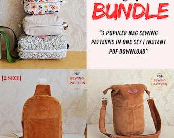 3 in 1 Bag Sewing Pattern Bundle | Boxy Pouch, Sling Bag & Bucket Bag | PDF Sewing Patterns | DIY Zipper Pouch, Tote, Crossbody Purse