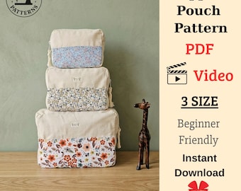 PDF-naaipatroon make-uptasje, patroon toilettasje, 3 maten, A0, A4, patroon US-Letter + eenvoudige instructie