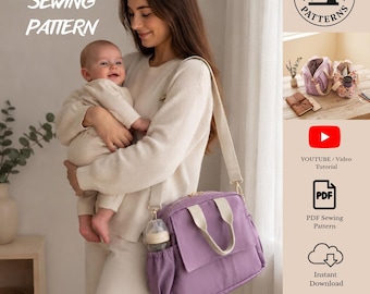 Patrón de bolso cambiador, patrón de costura en PDF con videotutorial, bolso cambiador cruzado para bebé con bolsillos para biberones, bolso cambiador, patrón para principiantes
