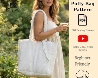 Patrón de costura para bolso acolchado / Patrón PDF para bolso acolchado de pana / Bolso grande para principiantes con vídeo / Tutorial para bolso acolchado Cloud