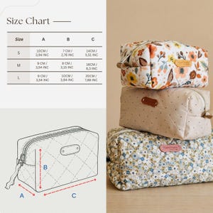 May include: Three quilted cosmetic bags in floral, polka dot, and floral patterns are stacked. The top bag has a floral design with a brown leather tag. The size chart shows dimensions in cm and inches.