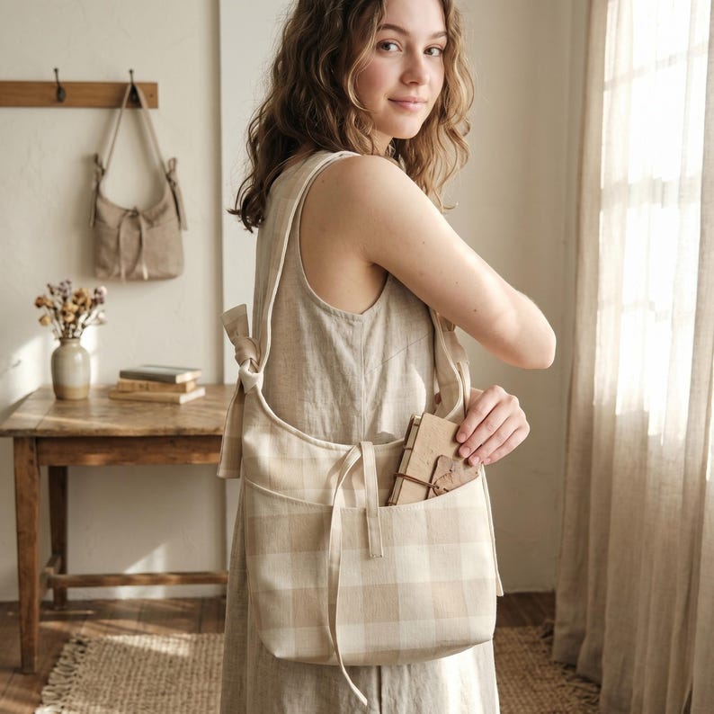 May include: A beige and white plaid shoulder bag with a large front pocket and a matching strap. The bag is made of a soft fabric and has a simple, casual design. A smaller matching bag hangs in the background. The bag is approximately 12 inches wide.