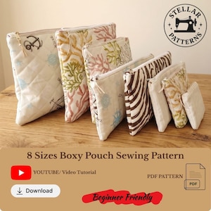 May include: A collection of eight boxy pouches in various sizes and patterns, including nautical, coral, and zebra stripes. The pouches are arranged on a wooden surface. The image includes the text "8 Sizes Boxy Pouch Sewing Pattern" and a logo that says "Stellar Patterns".