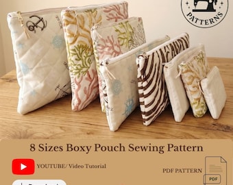 Gewatteerd boxy zakje bundel naaipatroon, 8 maten, make-uptas, patroon ritszakje, tas naaien voor beginners en videotutorial