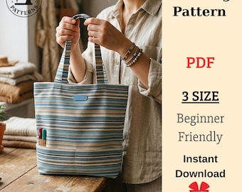 Naaipatroon draagtas, tas voor beginnersmarkt, tas 3 maten, boodschappentas, beginnersvriendelijk, canvas shopper, pdf, A4/A0 US Letter