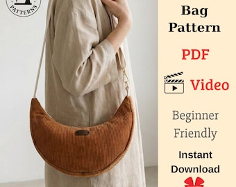 Naaipatroon halve maantas: beginnersvriendelijke corduroy hobo schoudertas met binnenzakken Draagtas (A4, US-Letter)