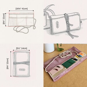 May include: A pink, roll-up pencil case, measuring 41cm wide and 22cm tall when open, and 14cm wide when rolled. The case is tied with a rope and has a "Handmade" label.