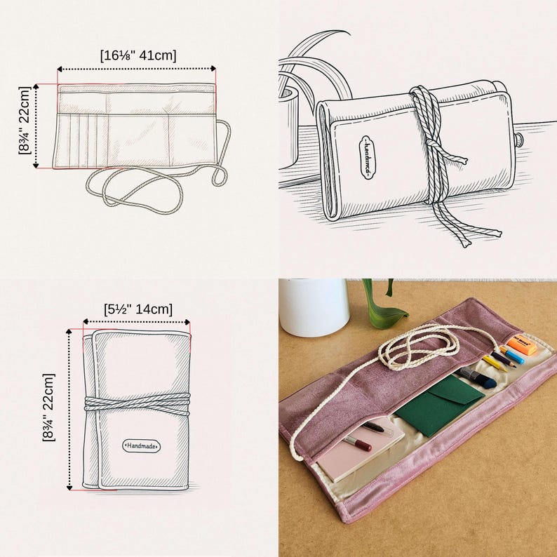 May include: A pink, roll-up pencil case, measuring 41cm wide and 22cm tall when open, and 14cm wide when rolled. The case is tied with a rope and has a "Handmade" label.