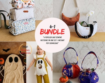 4 in 1 Bag Sewing Pattern, Boxy Pouch, Crescent Crossbody, Halloween Ghost Bag, Trick-or-Treat Basket, PDF Sewing Patterns, Instant Download