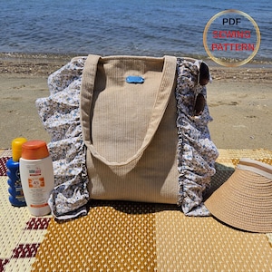 Ruffle Tote Bag Sewing Pattern, beach tote bag, Shopper Bag Sewing Pattern, DIY Shoulder Bag, PDF Sewing Pattern, Easy Summer Bag