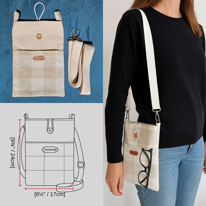 Op de afbeelding: Beige en witte geruite crossbodytas met een witte band. De tas is ongeveer 24 cm hoog en 17 cm breed. Het heeft een knoopsluiting en een klein "Handmade" label. Met een voorvak.
