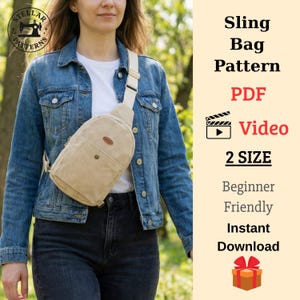 May include: A beige corduroy sling bag with a cream-colored strap is worn over the shoulder. The bag has a small brown patch and a button closure. Text on the right side reads "Sling Bag Pattern PDF Video 2 SIZE Beginner Friendly Instant Download."
