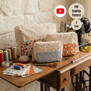 Molde de costura em PDF para nécessaire com zíper em 3 tamanhos, estojo para cosméticos, porta-lápis, organizador de artigos de higiene pessoal, ideal para iniciantes, molde para nécessaire de tecido.