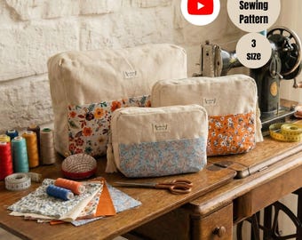 3 maten etui met ritssluiting, pdf-naaipatroon, make-uptas, etui, etui, toilettas, geschikt voor beginners, patroon stoffen zakje