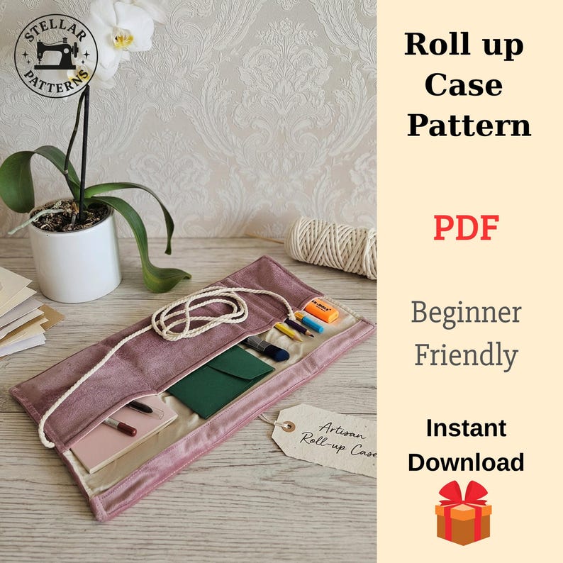 May include: A mauve roll-up case with a cream lining, containing pens, pencils, and a small green envelope. The case is secured with a cream cord. Text on the image reads "Roll up Case Pattern" and "Beginner Friendly".