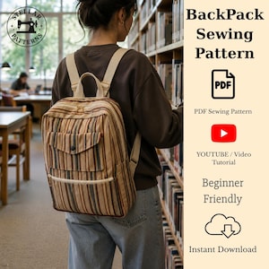 May include: A backpack sewing pattern featuring a striped fabric design with a front pocket and top handle. The text includes BackPack Sewing Pattern, PDF, YOUTUBE / Video Tutorial, Beginner Friendly, and Instant Download with a Stellar Patterns logo.