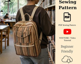 Patrón de costura para mochila doble / Patrón de mochila en PDF con vídeo / Mochila para portátil / Mochila fácil para principiantes / Tutorial de mochila para el día a día (hazlo tú mismo)
