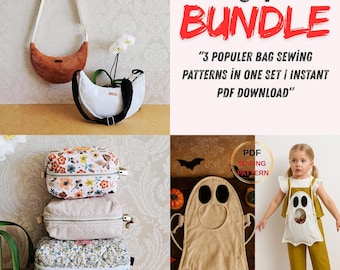 Lot de patrons de couture pour sacs 3 en 1 | Sac à bandoulière en forme de croissant, Pochette carrée 3 tailles, Pochette fantôme d'Halloween | Téléchargement instantané PDF DIY