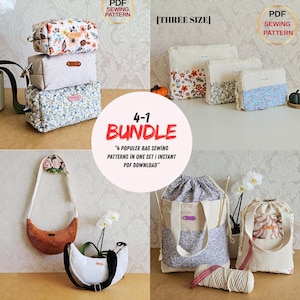 4 in 1 Bag Pattern Bundle | Boxy Pouch, Crescent Crossbody, Drawstring Tote, Zipper Pouch | PDF Sewing Patterns | DIY , Instant Download