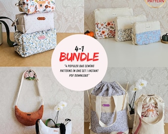 Paquete de patrones de bolso 4 en 1: bolso cuadrado, bandolera con media luna, bolso con cordón, bolso con cremallera, patrones de costura en PDF, bricolaje, descarga instantánea