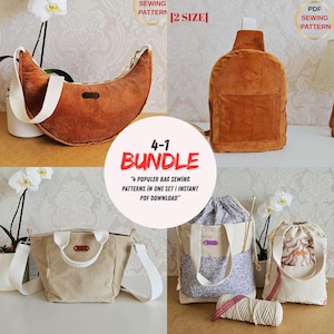 May include: A collection of four different bag sewing patterns in various styles and colors, including a corduroy crescent-shaped bag, a backpack, a tote bag, and two drawstring bags. The image includes the text "4-1 BUNDLE" and "4 POPULER BAG SEWING PATTERNS IN ONE SET I INSTANT PDF DOWNLOAD".