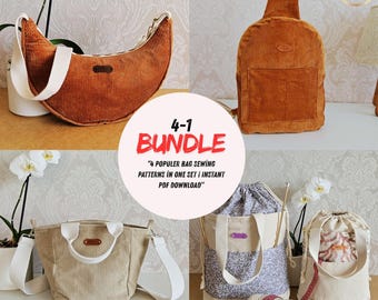 4 in 1 Bag Sewing Pattern | Crescent Crossbody, Sling Bag, Tote Bag and Drawstring Project Bag | PDF Sewing Patterns | Instant Download