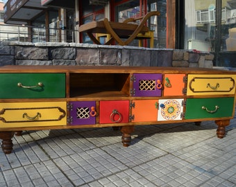 Colorful TV Stand & Media Unit, Solid Pine Wood TV Cabinet,  Durable Media Console with 5 Drawers, Retro Rustic Furniture, Newlywed Gift